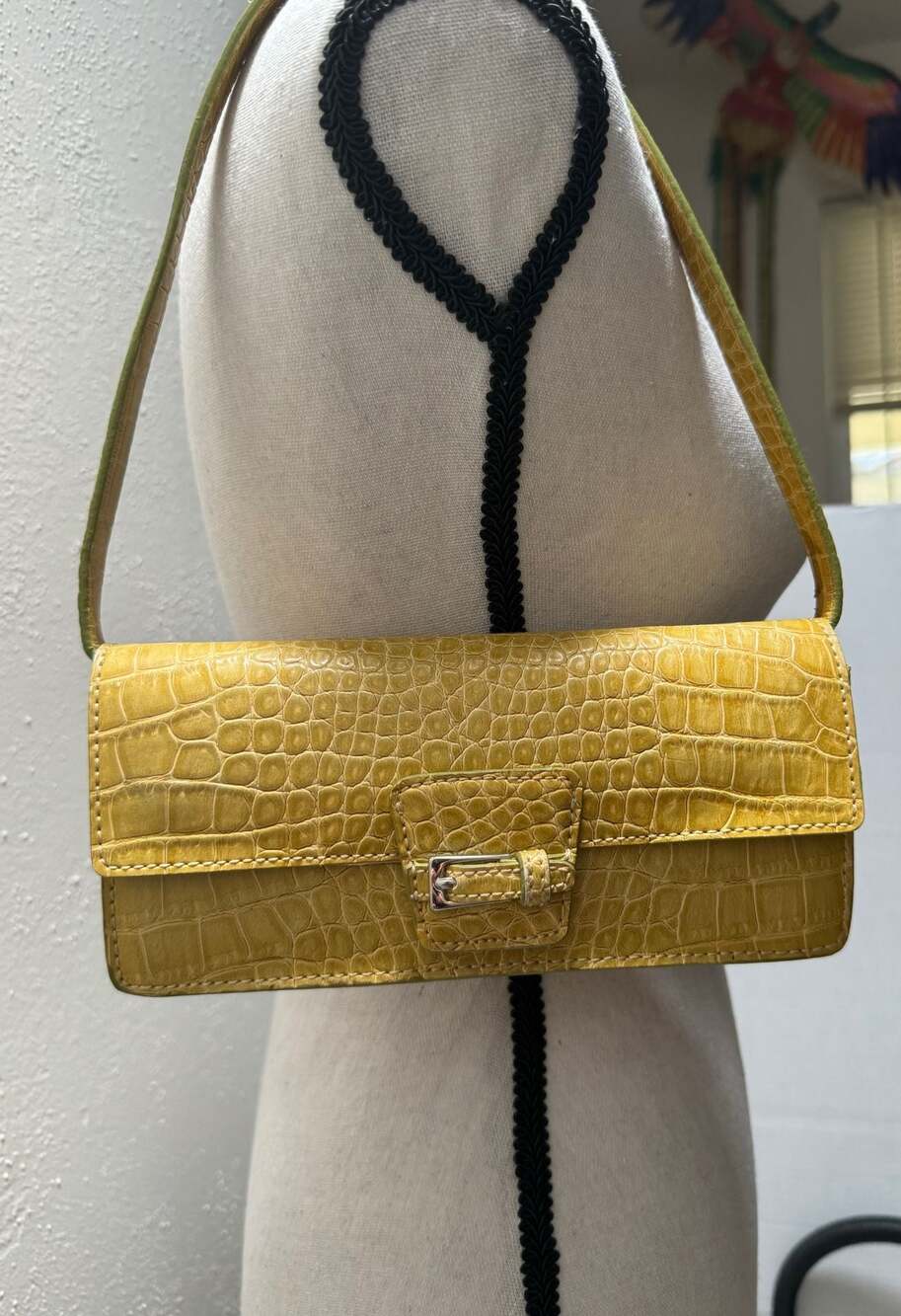 Liz Claiborne Accessories Yellow Faux Croc Embossed Shoulder Bag with Floral Int
